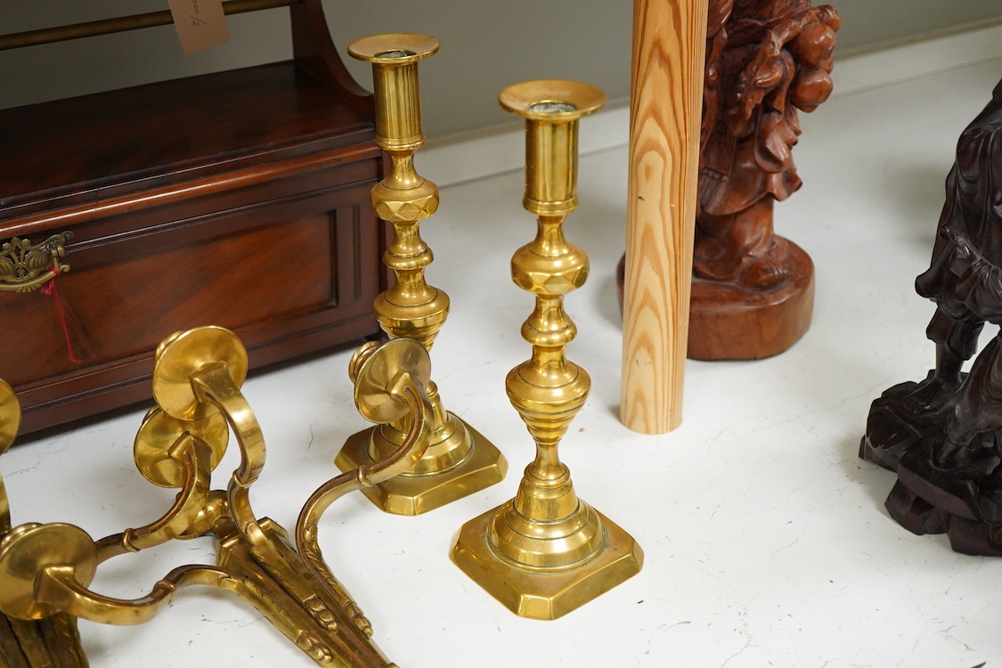 A pair of Corinthian column copper candlesticks, a pair of three branch sconces and pair of brass candlesticks, together with brass-mounted mahogany wall shelf /cabinet - 33cm high
